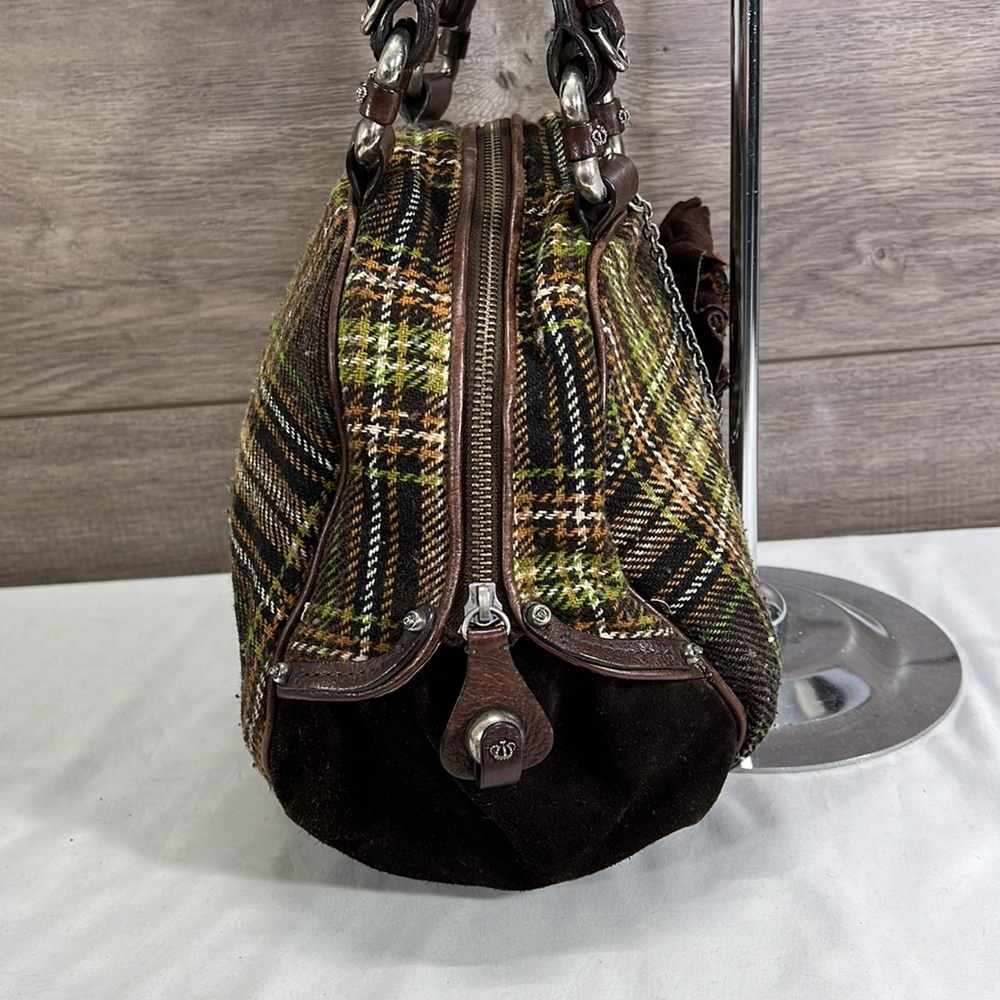 Juicy Couture Green and Brown Plaid Bowler Bag with Flower - Picture 3 of 9